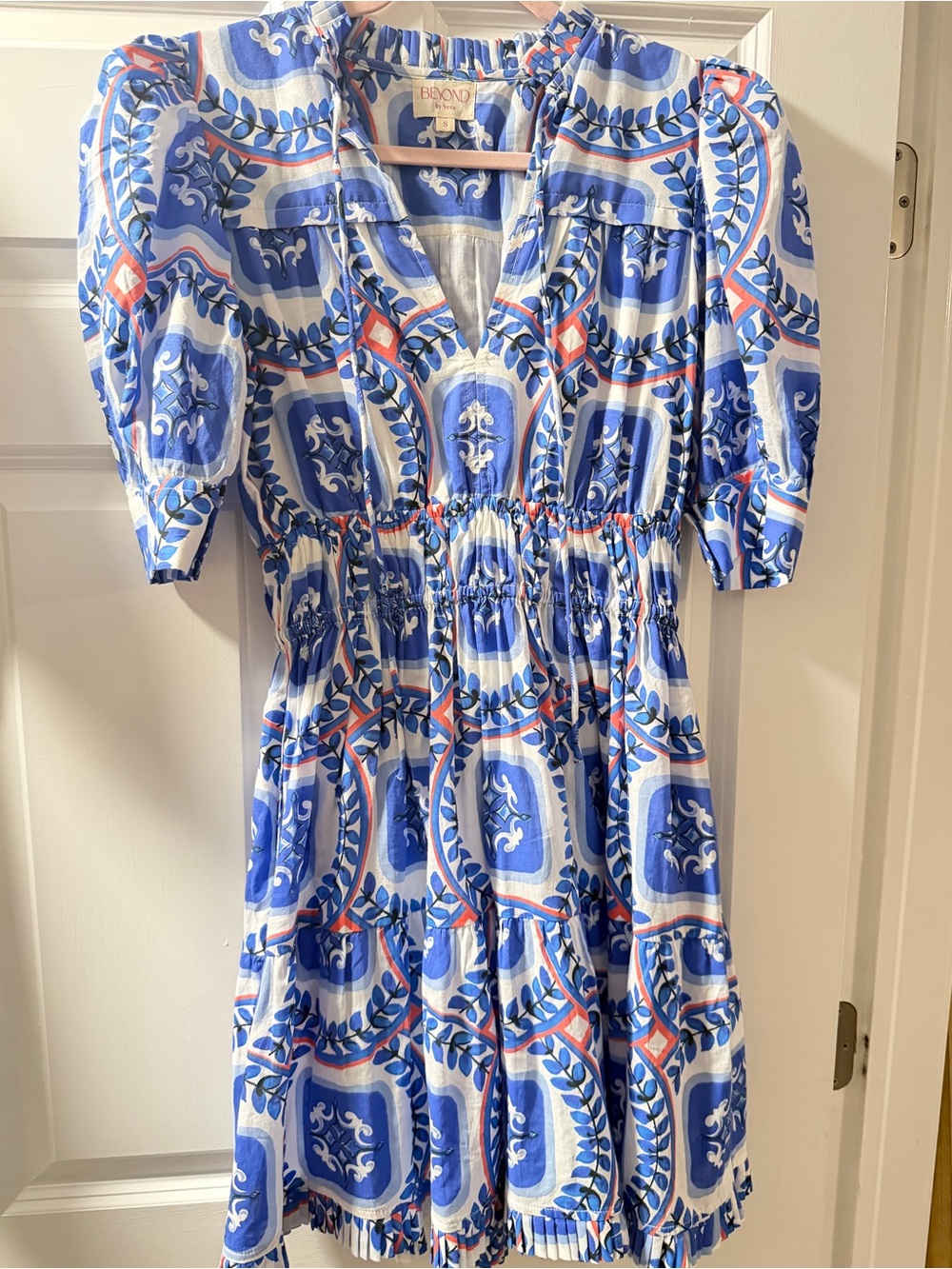Beyond Blue & White Printed Mini Dress with Coral Details